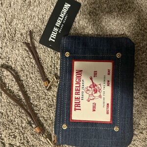 True Religion Blue Denim Wristlet with Brown Accents